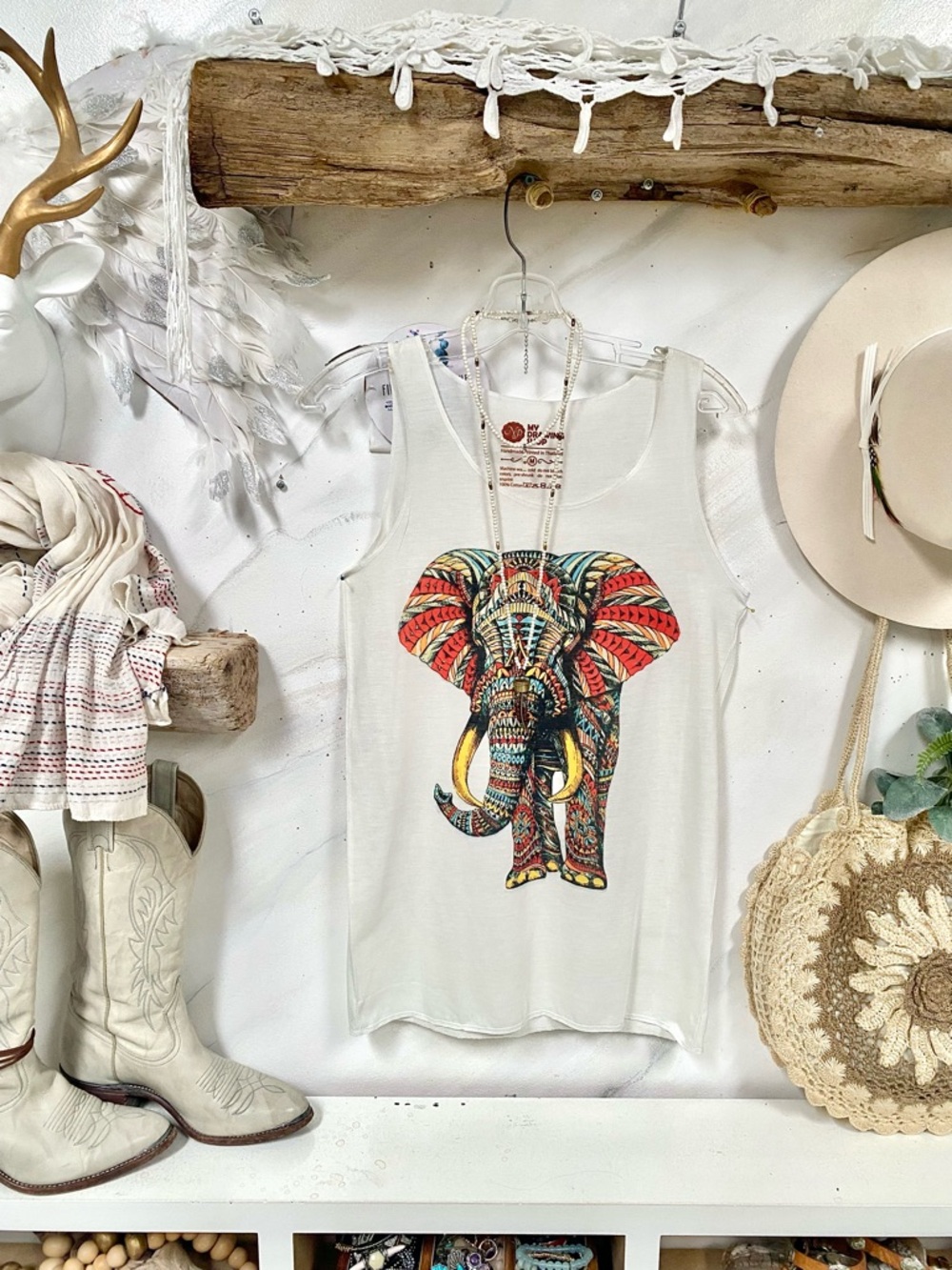 Artisan Elephant boho tank w tribal hippy Gypsy southwestern vibe